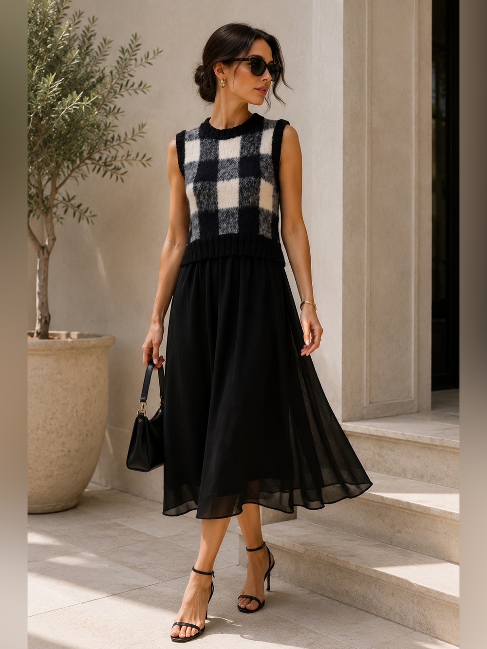 Sea New York Plaid Knit Mixed Media Midi Dress Black Sleeveless Buffalo Check